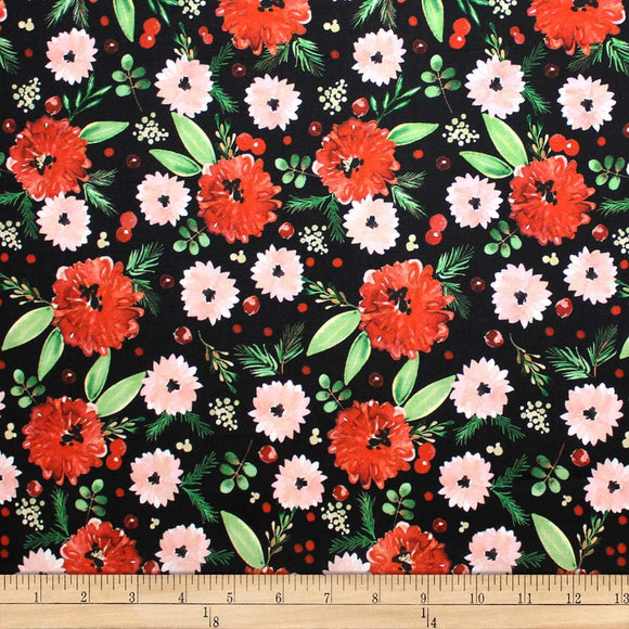 Camelot Fabrics 0589667 Quilt Fabric Winter Woods Winter Floral in black, 1.0, 100% Cotton Fabric sold by the yard