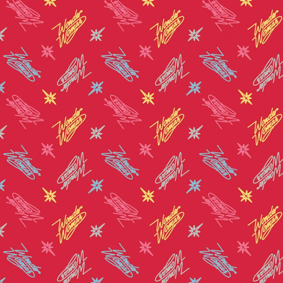 Camelot Fabrics Wonder Woman 1984 Neon Logo Red Premium Quality 100% Cotton Sold by The Yard.