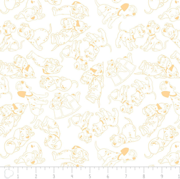 Camelot Fabrics 101 Dalmatians Disney Puppies Dogs Outline Yellow 100% Cotton Fabric by The Yard