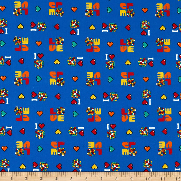Camelot Fabrics I Love Rubik's Collection I Love Rubik's Blue 100% Cotton Fabric sold by the yard