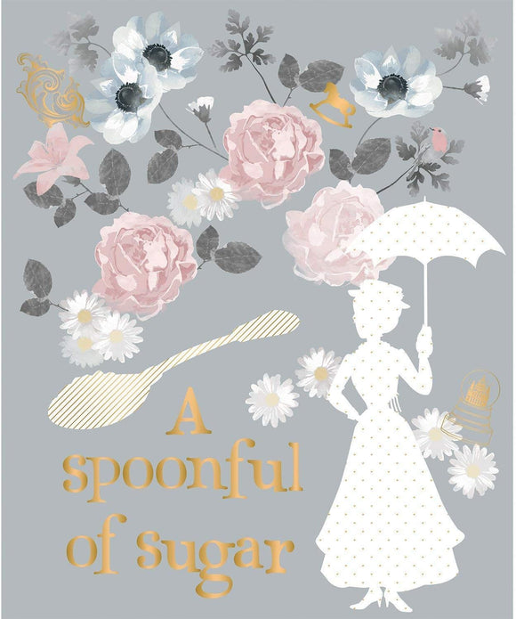 Camelot Fabrics Grey Mary Poppins A Spoonful of Sugar Metallic 35x43 Panel 100% Cotton Fabric sold by the panel