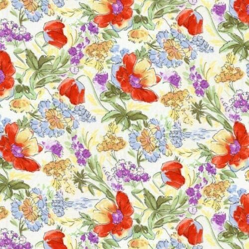 David Textiles Rose and Hubble Evelyn's Tulips Ivory Cream Red 100% Cotton Fabric sold by the yard