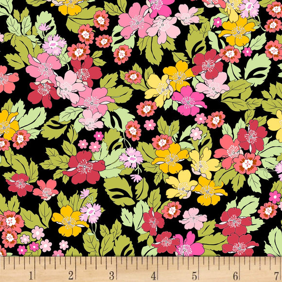 David Textiles Leonora's Flowers Black Quilt 100% Cotton Fabric sold by the yard