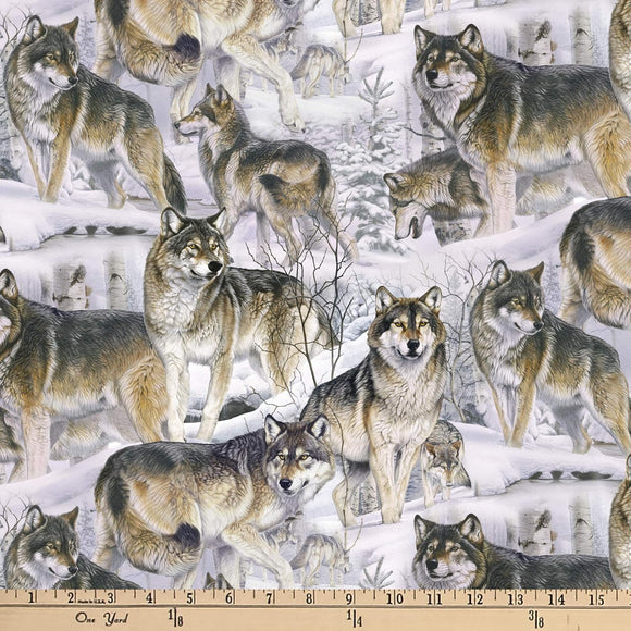 David Textiles Wolves in the Snow Multi 100% Cotton Fabric sold by the yard