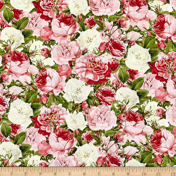 David Textiles Vintage Rose Bouquet Multi 100% Cotton Fabric sold by the yard