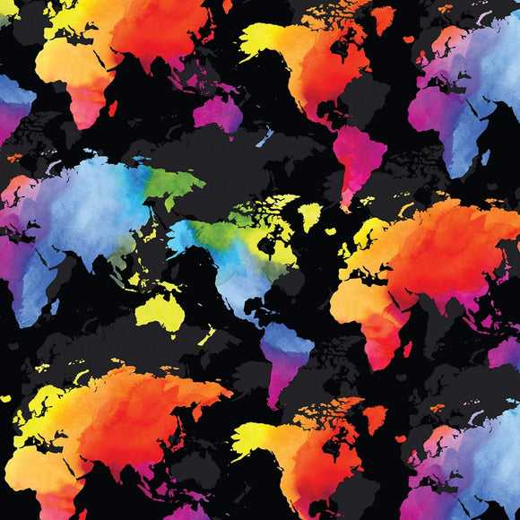 Timeless Treasures World Map Black/Multi Premium Quality 100% Cotton Fabric sold by the yard