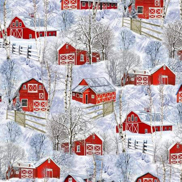 Timeless Treasures Red Barns in Snow Premium Quality 100% Cotton Fabric sold by the yard