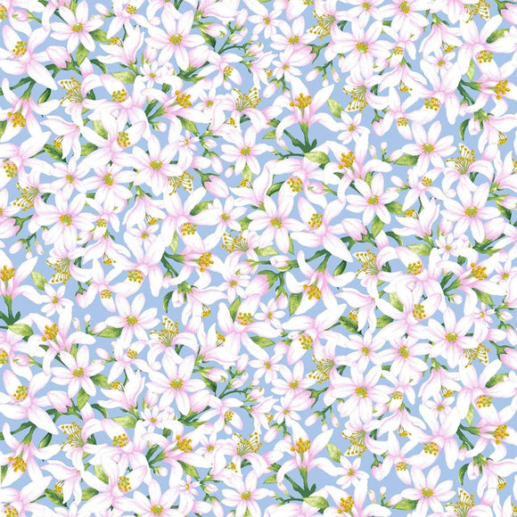 Timeless Treasures Lemon Flowers Floral Blue Premium Quality 100% Cotton Fabric sold by the yard