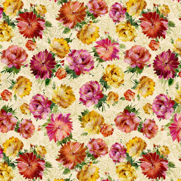 Timeless Treasures Floral Metallic Peonies Cream Premium Quality 100% Cotton Fabric sold by the yard