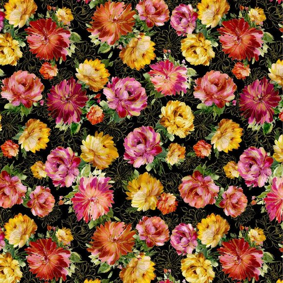 Timeless Treasures Floral Metallic Peonies Black Premium Quality100% Cotton Fabric sold by the yard