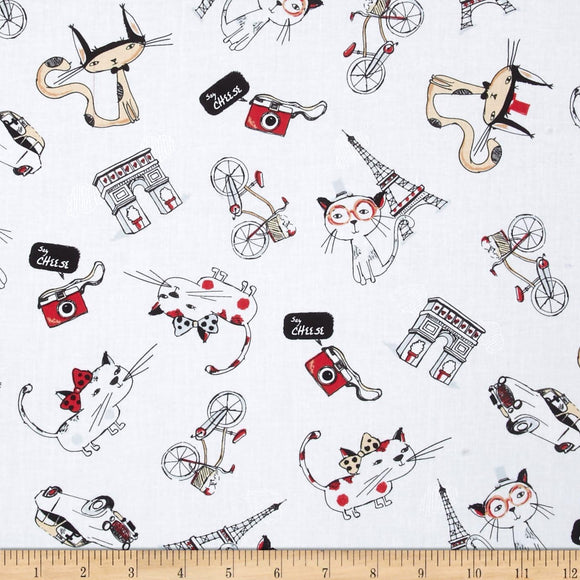 Timeless Treasures Francophile Paris Cat Cloud Fab 100% Cotton Fabric sold by the yard