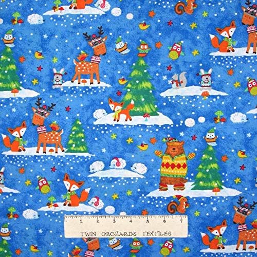 Timeless Treasures Snow Day Scenic Deer Hedgehog Owl Premium Quality 100% Cotton Fabric sold by the yard