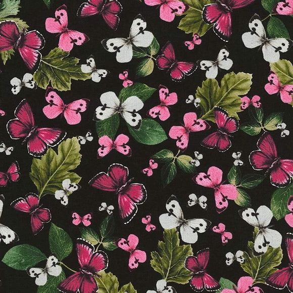 Timeless Treasures Wild Garden Butterflies On Leaves Black 100% Cotton Fabric sold by the yard