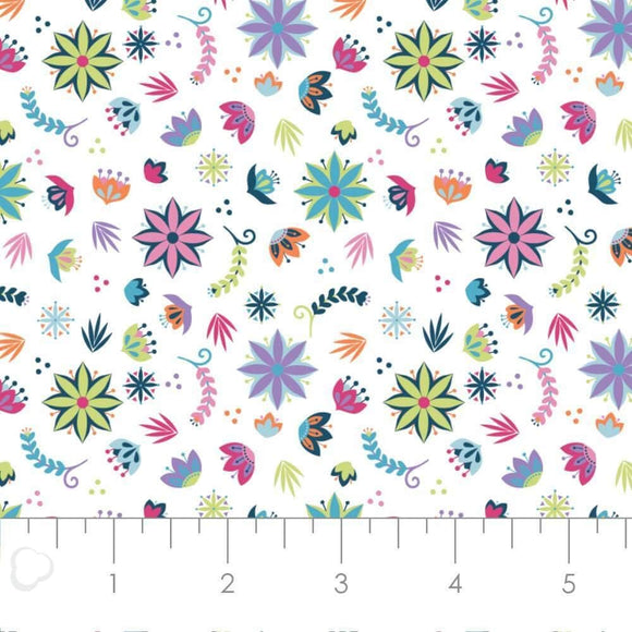 Camelot Fabrics Llama Drama Collection Assorted Flowers White Premium Quality 100% Cotton Sold by The Yard.