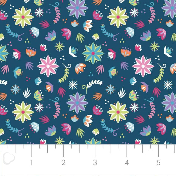 Camelot Fabrics Llama Drama Collection Assorted Flowers Navy Blue Premium Quality 100% Cotton Sold by The Yard.