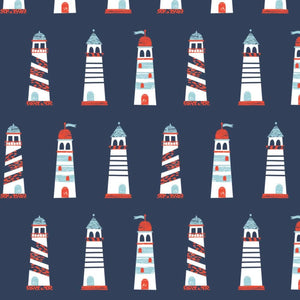 Camelot Fabrics Nautical Collection Lighthouses Navy Blue Premium Quality 100% Cotton Sold by The Yard.