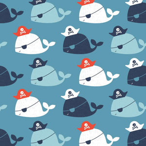 Camelot Fabrics Nautical Collection Pirate Whales Blue Premium Quality 100% Cotton Sold by The Yard.