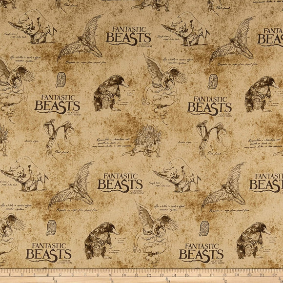 Camelot Fabrics Wizarding World Fantastic Beasts Logo & Creatures on Textured Ground 100% Cotton Fabric sold by the yard