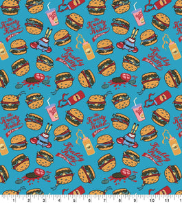 Springs Creative Spongebob Krabby Patty Tossed in Blue 100% Cotton Fabric sold by the yard