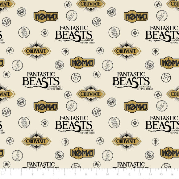 Camelot Fabrics Harry Potter Fantastic Beasts Sayings and Symbols in Cream Flannel 100% Cotton Fabric sold by the yard
