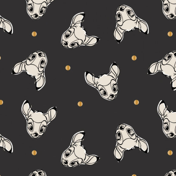 Camelot Fabrics Disney Fabric Cute and Wild Bambi with Metallic Gold Dots in Black 100% Cotton Fabric sold by the yard