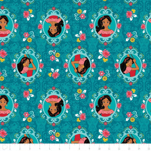 Camelot Fabrics Elena of Avalor Floral Frame Teal 100% Cotton Fabric sold by the yard