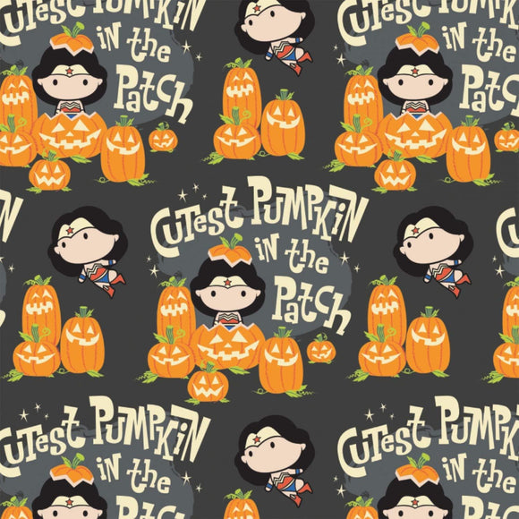 Camelot Fabrics DC Comics Character Halloween Wonder Woman Kawaii Cutest Pumpkin in The Patch Gray Premium Quality 100% Cotton Sold by The Yard.