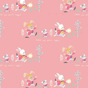 Camelot Fabrics Disney Alice in Wonderland Follow The White Rabbit Pink 100% Cotton Sold by The Yard
