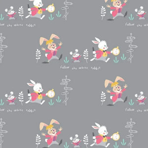 Camelot Fabrics Disney Alice in Wonderland Follow The White Rabbit Gray 100% Cotton Sold by The Yard