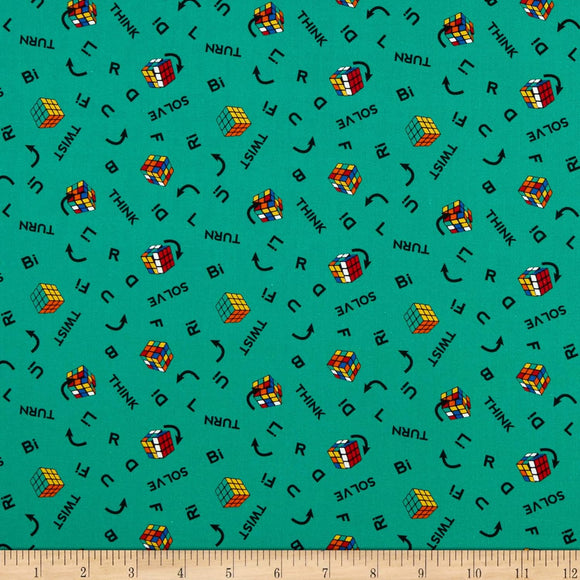 Camelot Fabrics I Love Rubik's Collection Twist & Turn Green Quilt Fabric (0665422) 100% Cotton Fabric sold by the yard