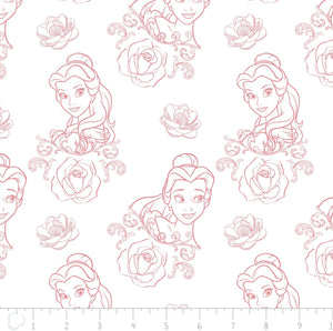 Camelot Fabrics Disney Beauty and The Beast Fabric Belle Bold as a Rose in Dusty Pink 100% Cotton Fabric sold by the yard