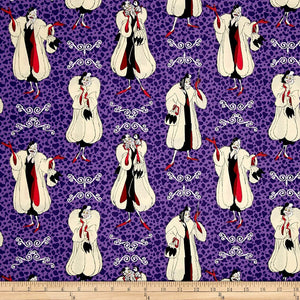 Camelot Fabrics Disney 101 Dalmatians Cruella De Vil Purple 100% Cotton Fabric sold by the yard