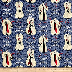 Camelot Fabrics Disney Villains Cruella de Vil Blue 100% Cotton Fabric sold by the yard