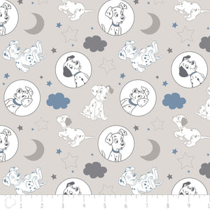 Camelot Fabrics Disney 101 Dalmatians Fabric Time for Bed in Light Gray 100% Cotton Fabric sold by the yard