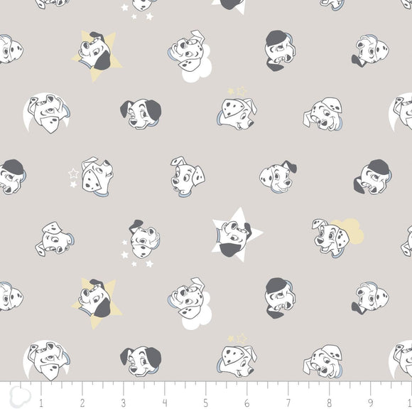 Camelot Fabrics Disney 101 Dalmatians Puppy Dogs Faces Light Grey 100% Cotton Fabric sold by the yard