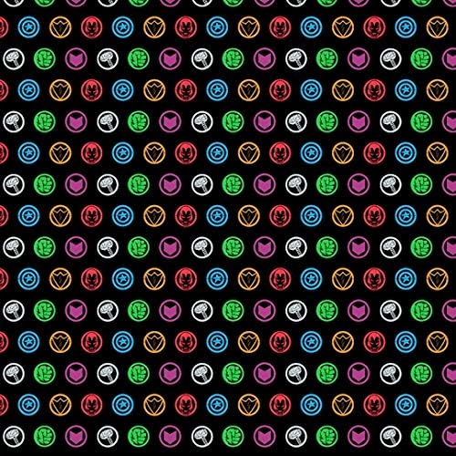 Camelot Fabrics Marvel Icon Tokens Black Premium Quality 100% Cotton Fabric sold by the yard