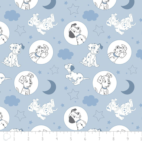 Camelot Fabrics Disney 101 Dalmatians Fabric Time for Bed in Light Blue 100% Cotton Fabric sold by the yard