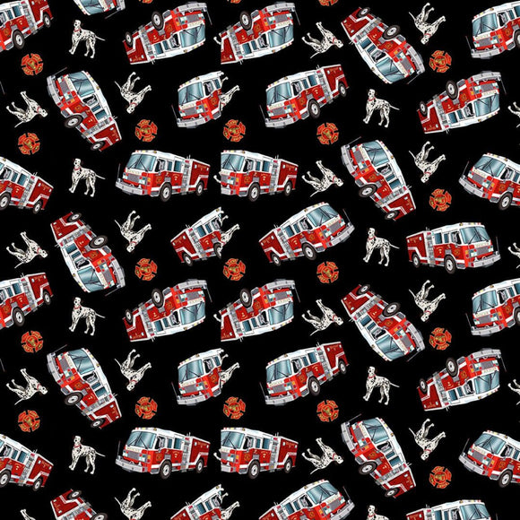 Henry Glass To the Rescue Tossed Firetruck And Dalmatian in Black 100% Cotton Fabric sold by the yard