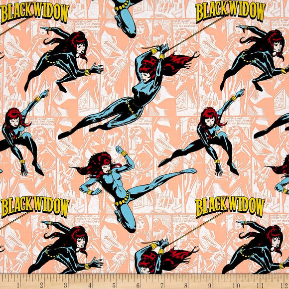 Camelot Fabrics Marvel Comics Black Widow Peach Quilt Fabric By The Yard, Gold/Red/Black 100% Cotton Fabric sold by the yard