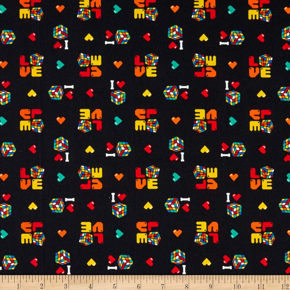 Camelot Fabrics I Love Rubik's Collection I Love Rubik's Black Quilt Fabric, Model: 0665428 100% Cotton Fabric sold by the yard