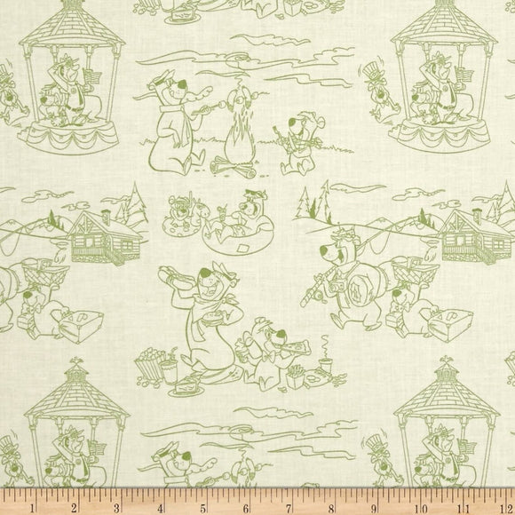 Camelot Fabrics Yogi Bear Line Art Light Green 100% Cotton Fabric sold by the yard