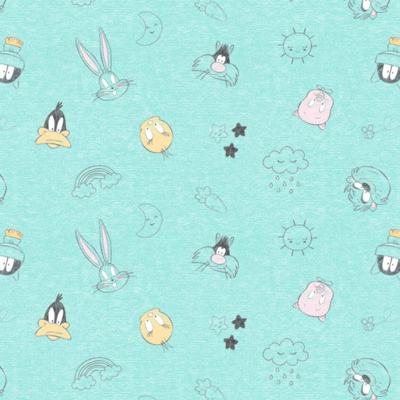 Camelot Fabrics Looney Tunes Little Dreamer Characters On Heather Turquoise Premium Quality 100% Cotton Sold by The Yard.