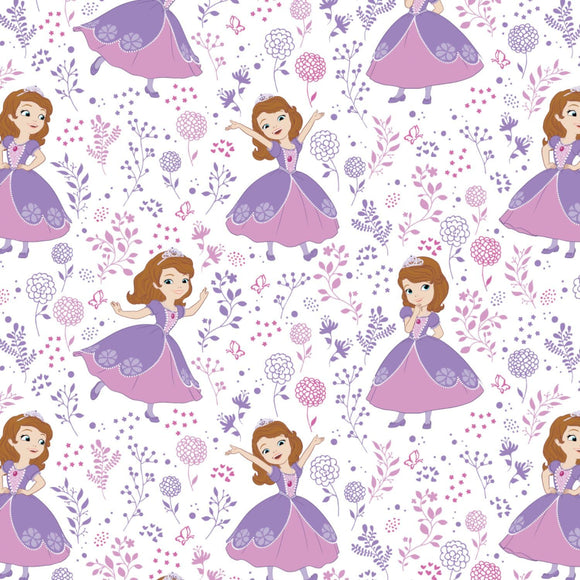 Camelot Fabrics Disney Sofia The First Meadow in White 100% Cotton Fabric sold by the yard