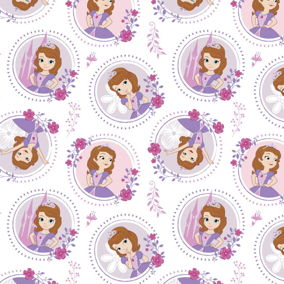 Camelot Fabrics Disney Sofia The First Floral Frame in White 100% Cotton Fabric sold by the yard