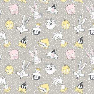 Camelot Fabrics Looney Tunes Little Dreamer Characters On Spots Light Grey 100% Cotton Fabric sold by the yard