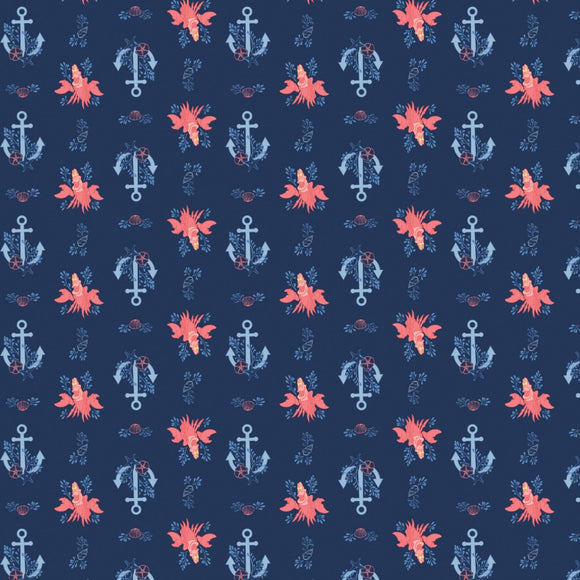 Camelot Fabrics Disney Little Mermaid Sebastian & Anchor in Navy 100% Cotton Fabric sold by the yard