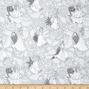 Eugene Textiles Quilt Fabric Disney Princess Line Drawing Grey Quilt 100% Cotton Fabric sold by the yard