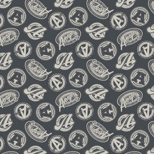 Camelot Fabrics Marvel Avengers Tossed Logos in Charcoal 100% Cotton Fabric sold by the yard