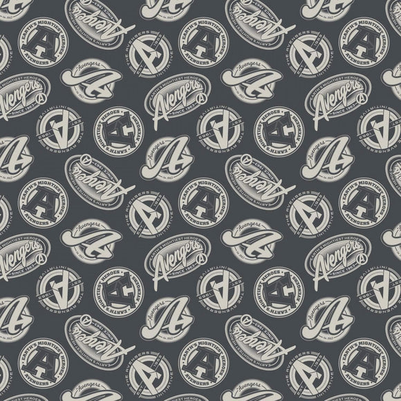 Camelot Fabrics Marvel Avengers Tossed Logos in Charcoal 100% Cotton Fabric sold by the yard