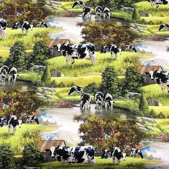 David Textiles Cows at The River Country Scenic Digital Multicolor Premium Quality 100% Cotton Fabric sold by the yard